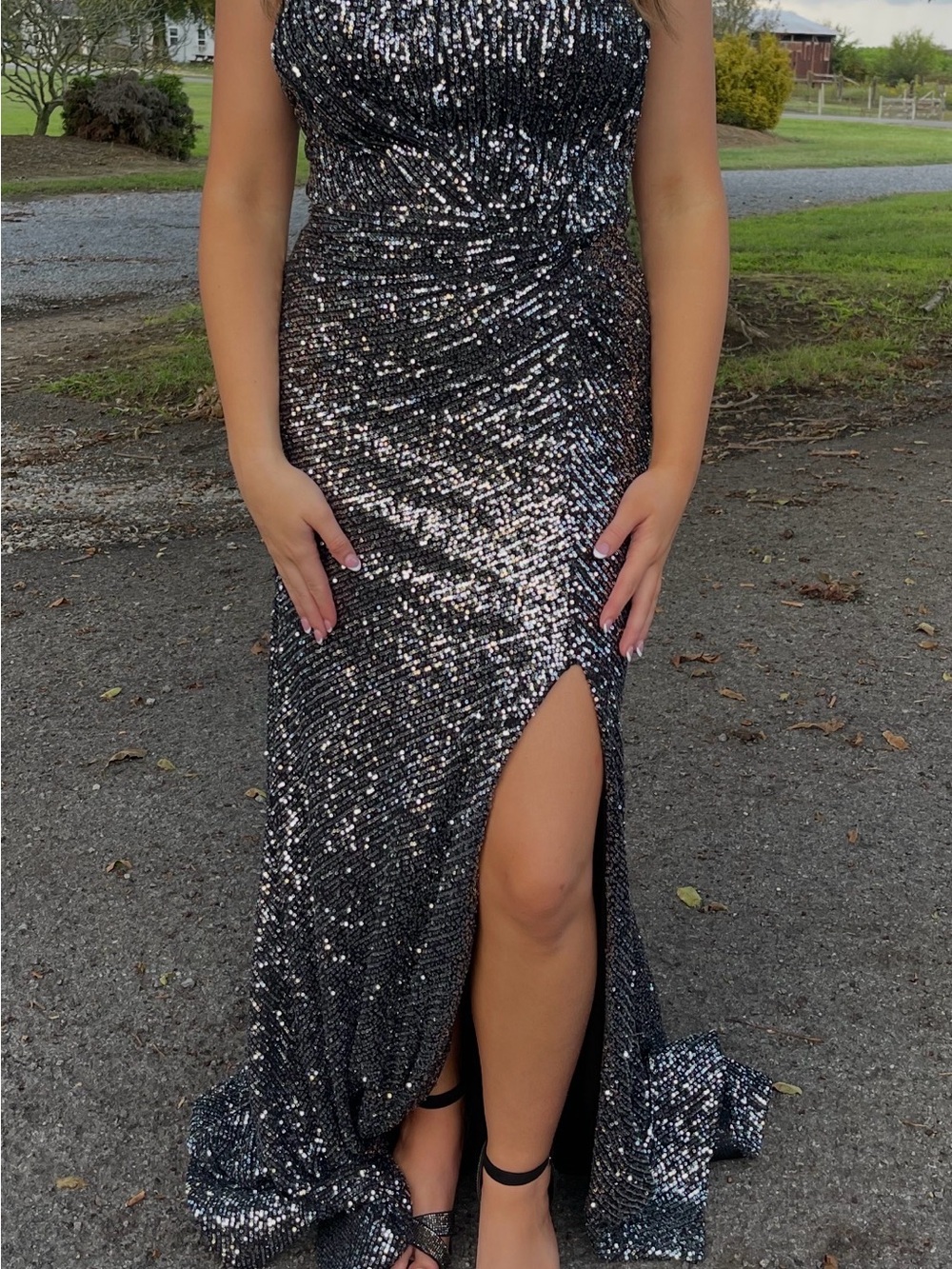 Sparkling Black Sequin Prom Gown with Slit and Corset Back - 6